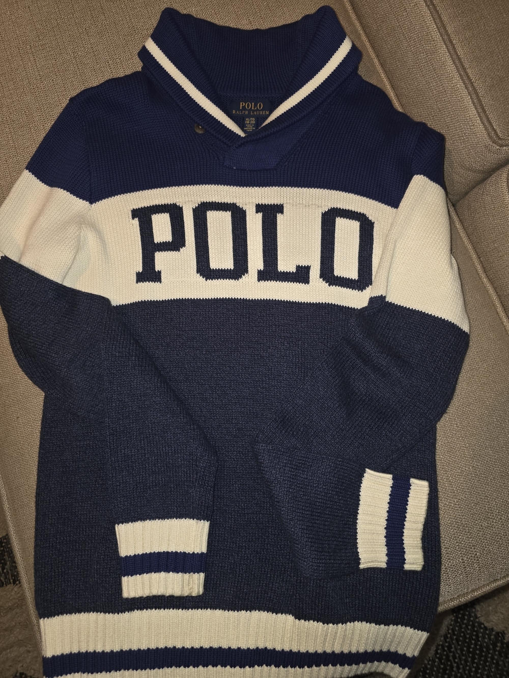 Polo by Ralph Lauren Navy & White V‑Neck Shawl Collar Sweater